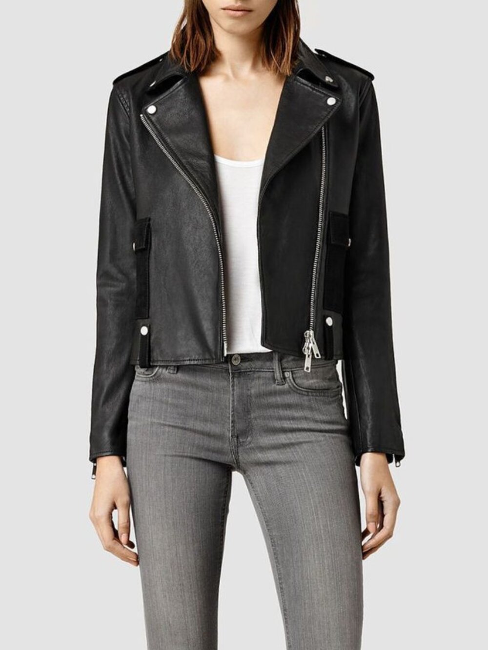 ALLSAINTS Drew Leather Biker Jacket, Black, Suede Pockets